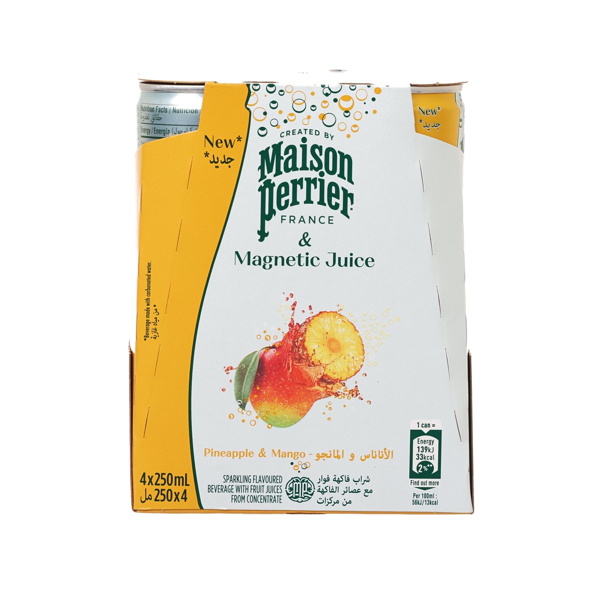 4-pack juice cans carton labeled Pineapple & Mango with Maison Perrier front panel