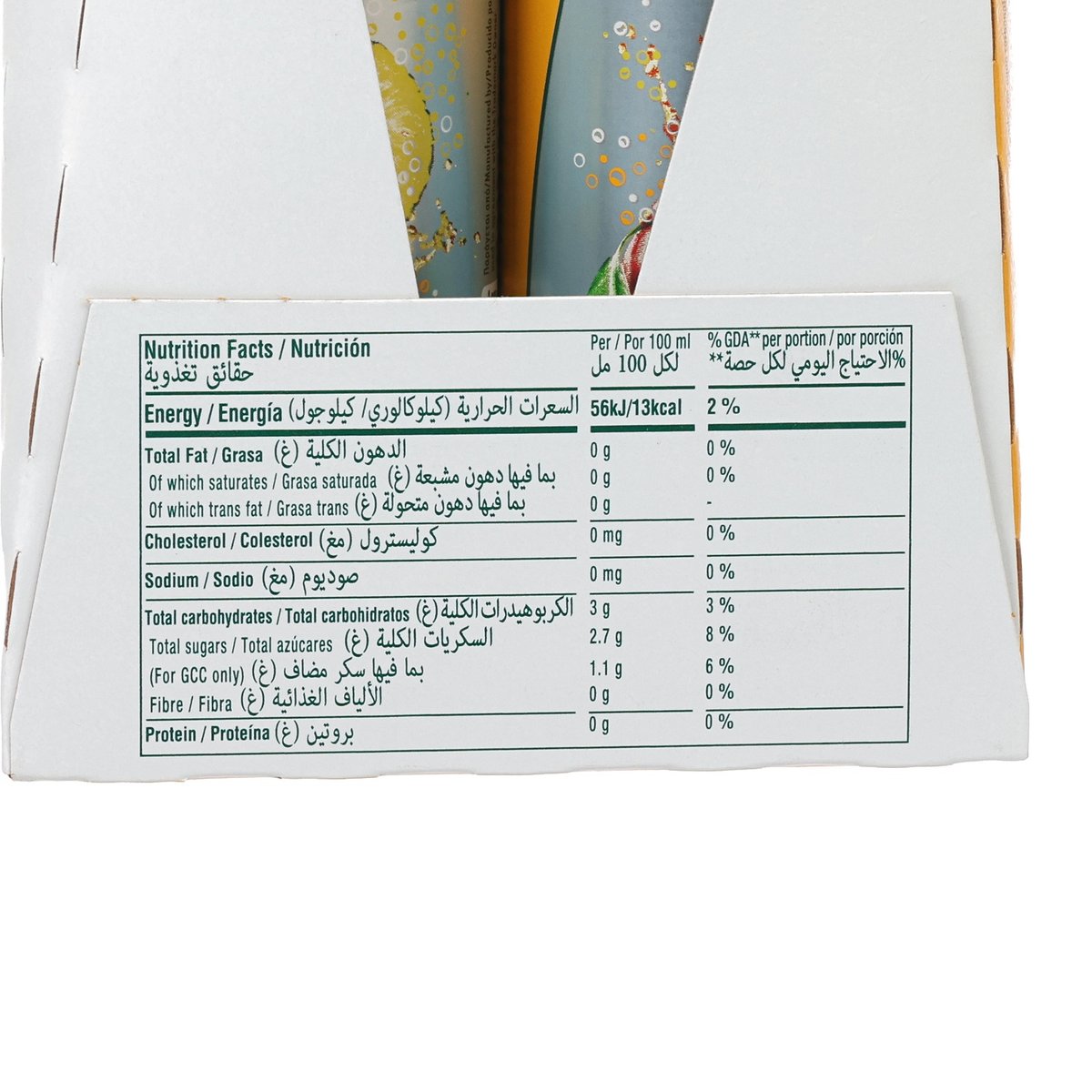 Nutrition Facts label on 4-pack juice cans carton for Pineapple & Mango