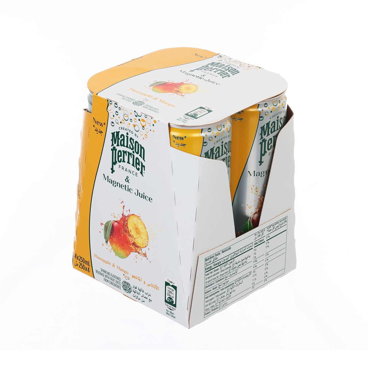 4-pack juice cans carton with Pineapple & Mango graphics and Maison Perrier branding