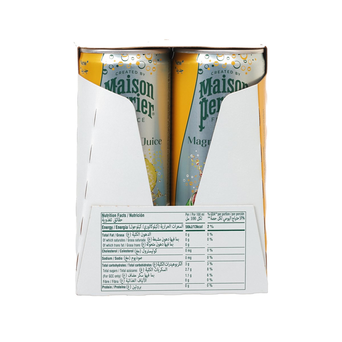 Back of 4-pack juice cans carton with Nutrition Facts panel and Pineapple & Mango
