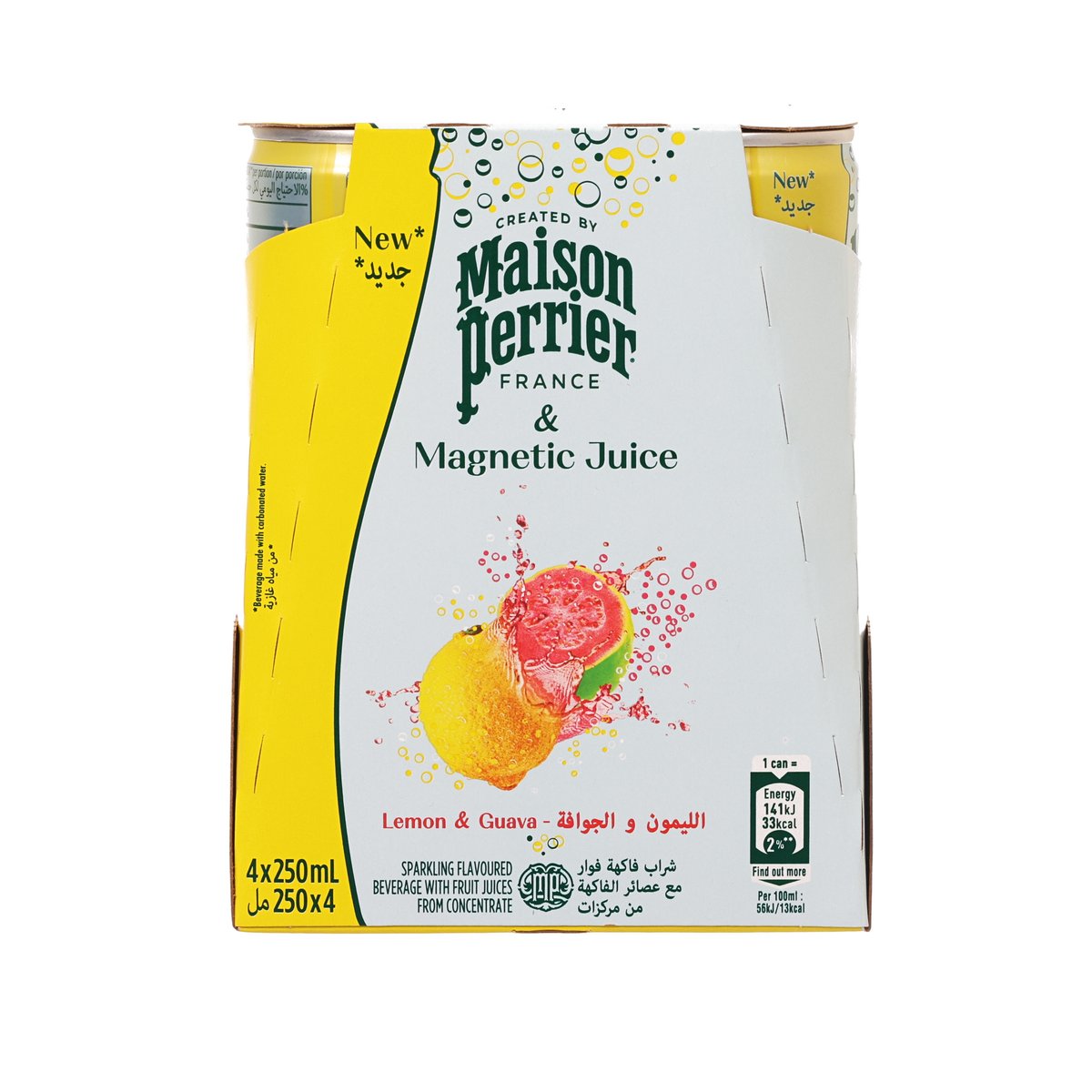 4-pack sparkling mineral water carton, lemon & guava flavor, 250 mL cans
