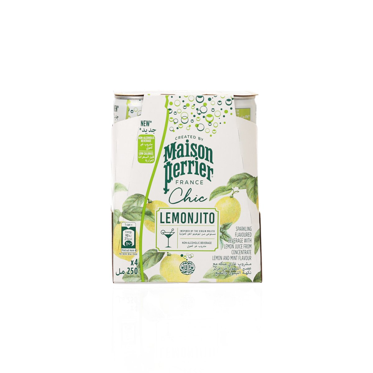 Lemonjito non-alcoholic beverage 4-pack carton with lemon and herb graphics