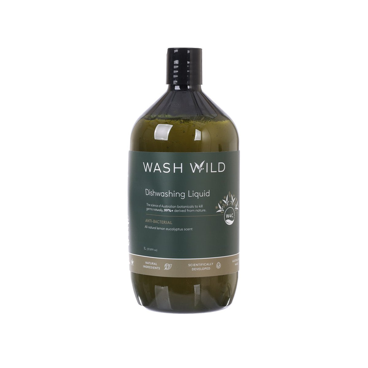 WASH WILD dishwashing liquid 1L bottle with front label, dark olive green