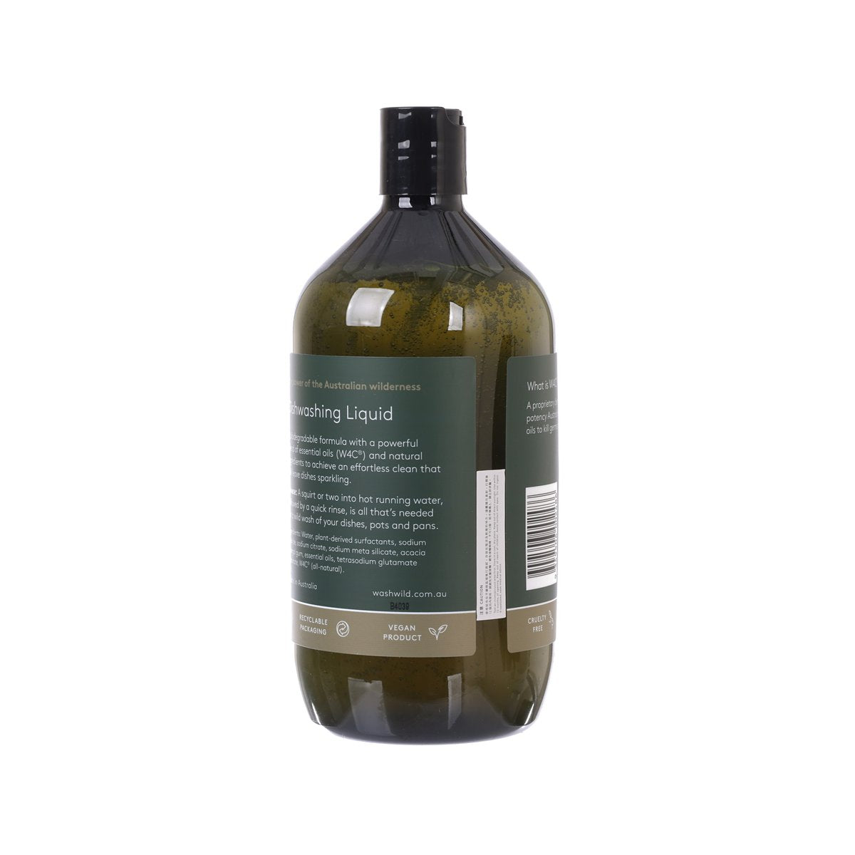 WASH WILD dishwashing liquid 1L bottle with back label and barcode, dark olive