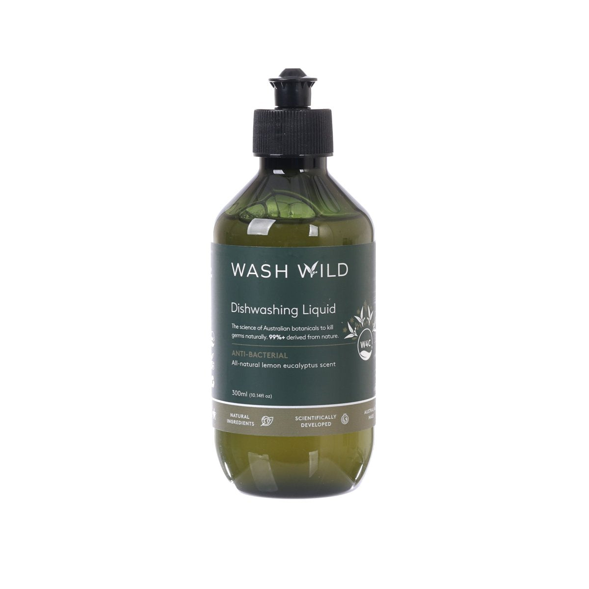 Green dishwashing liquid bottle with black pump cap, 300 mL