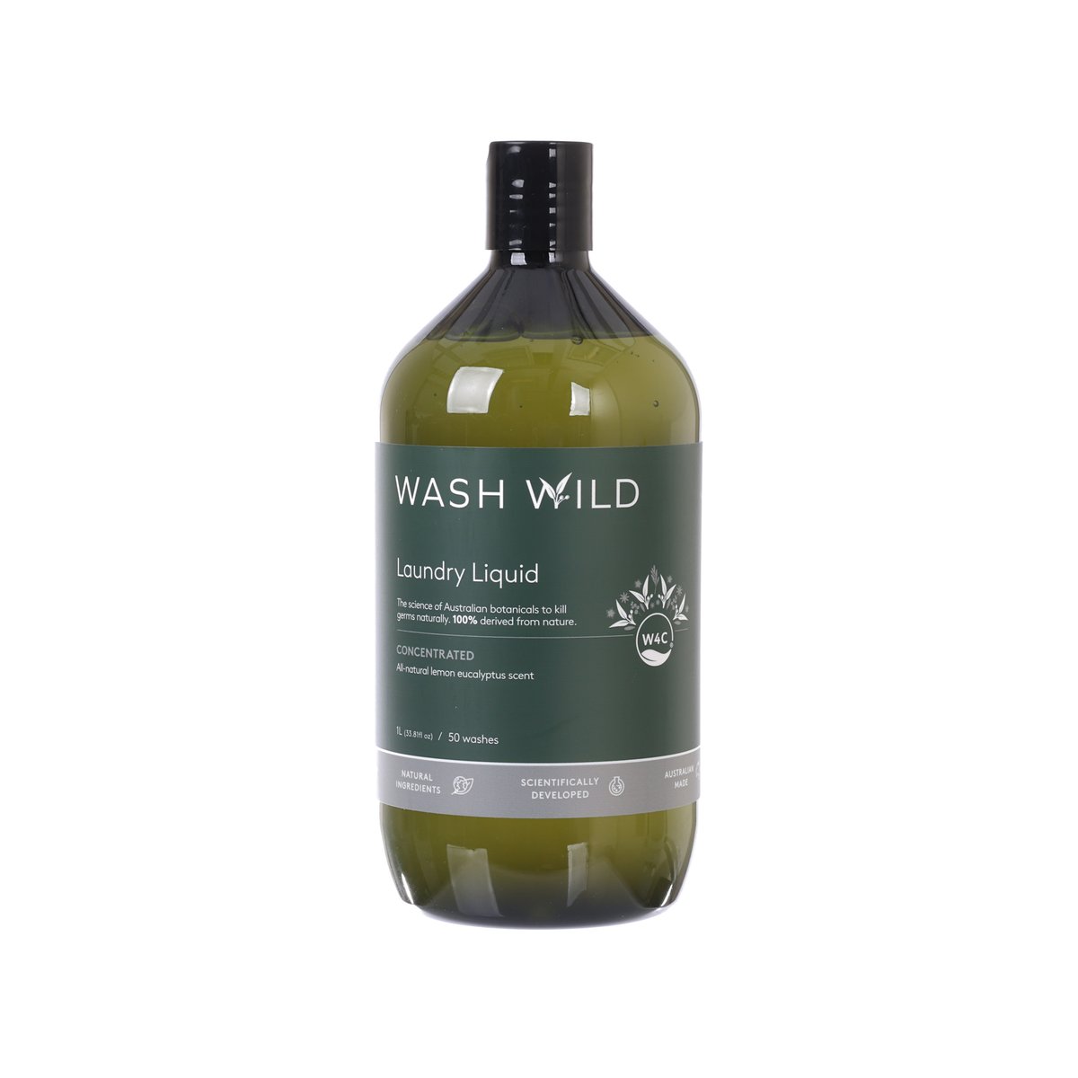 WASH WILD 1L laundry liquid bottle, olive-green with front label.