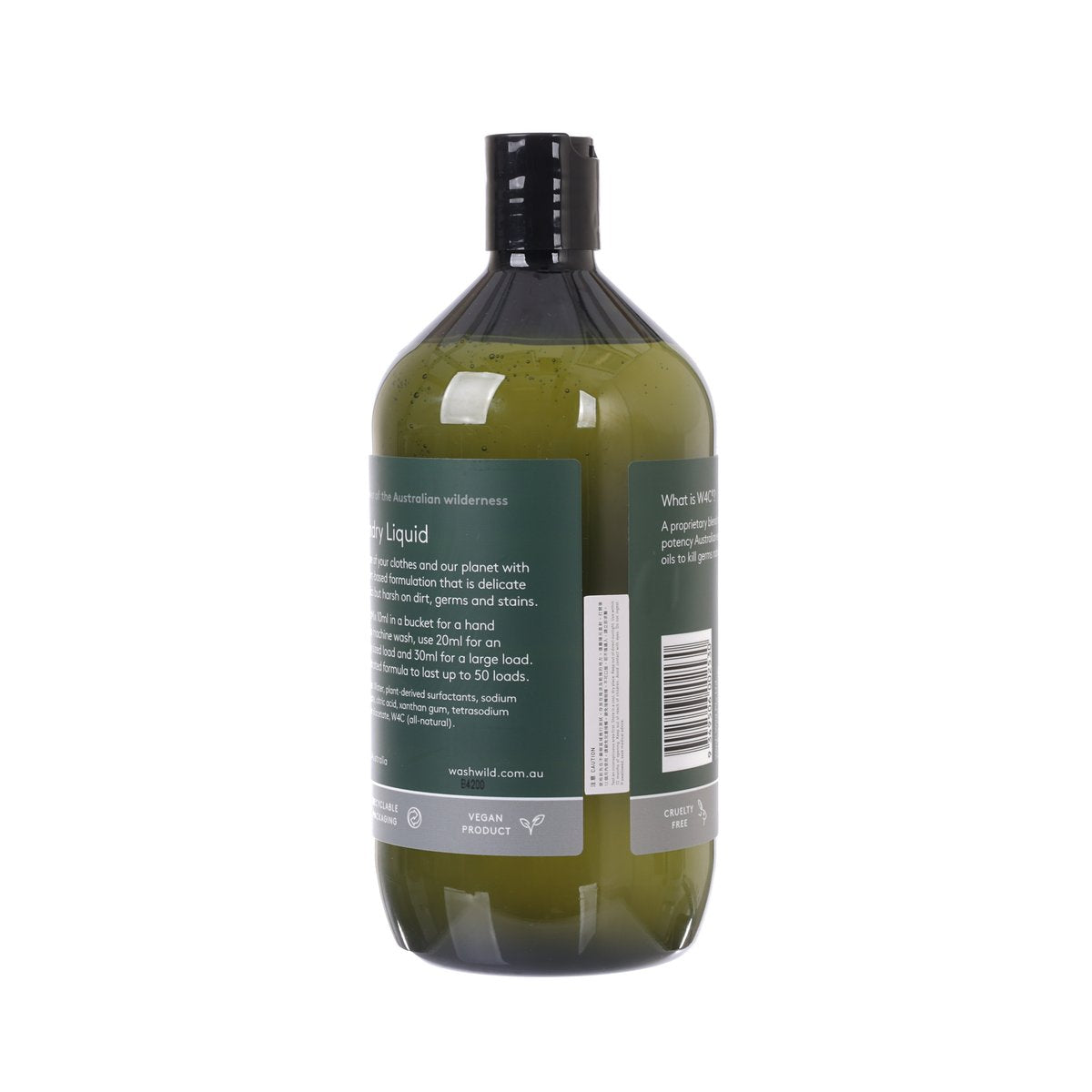 WASH WILD 1L laundry liquid bottle, back label with barcode and directions.