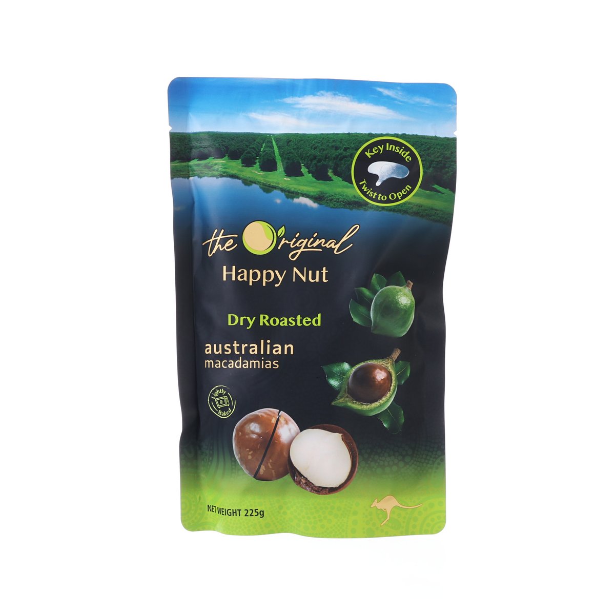 Happy Nut dry roasted macadamias pouch, 225g, with whole and halved nuts on front
