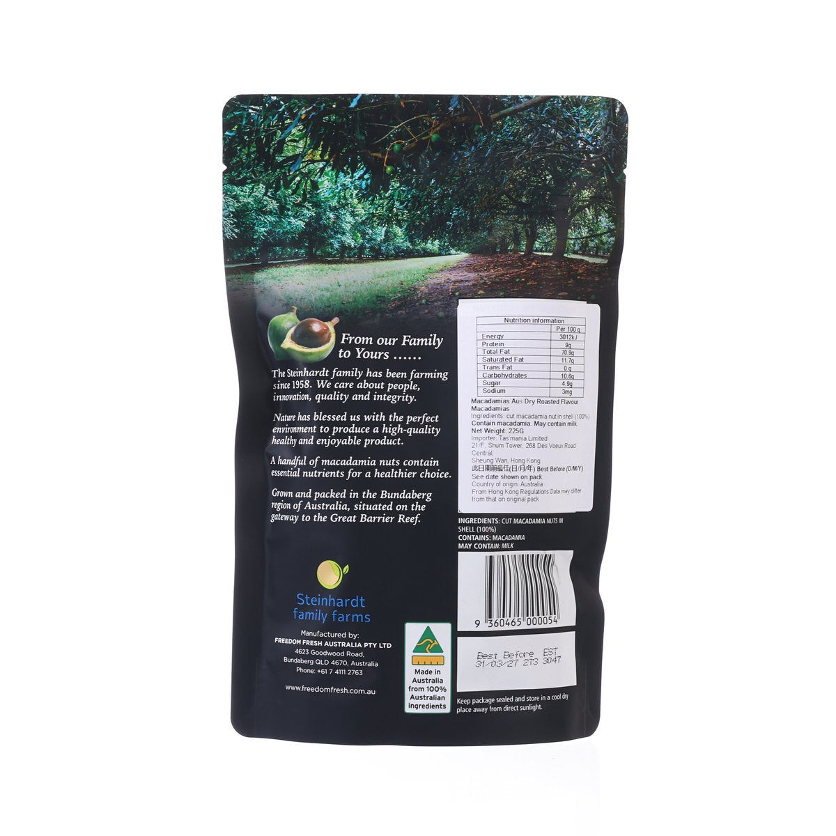 Happy Nut dry roasted macadamias pouch back view with ingredients and seal info