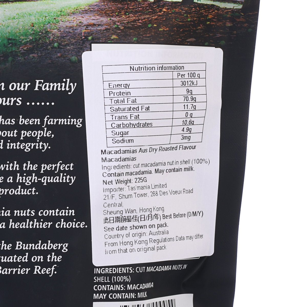 Nutrition label for dry roasted macadamias on Happy Nut pouch, per 100 g
