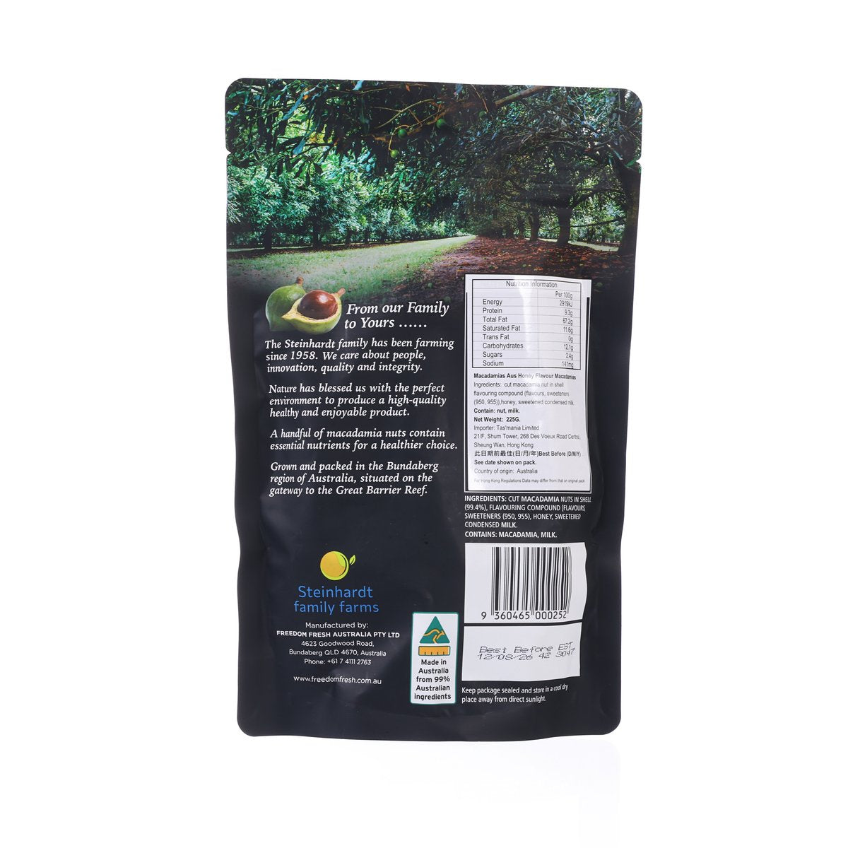 Honey macadamia nut pouch back with nutrition facts and ingredients