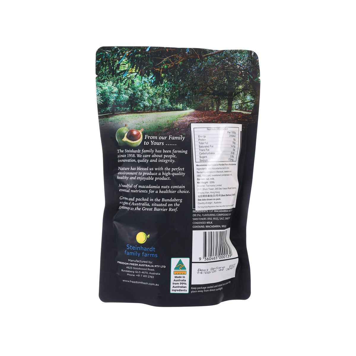 Happy Nut coconut pandan macadamias, 225g pouch, back panel with ingredients and barcode