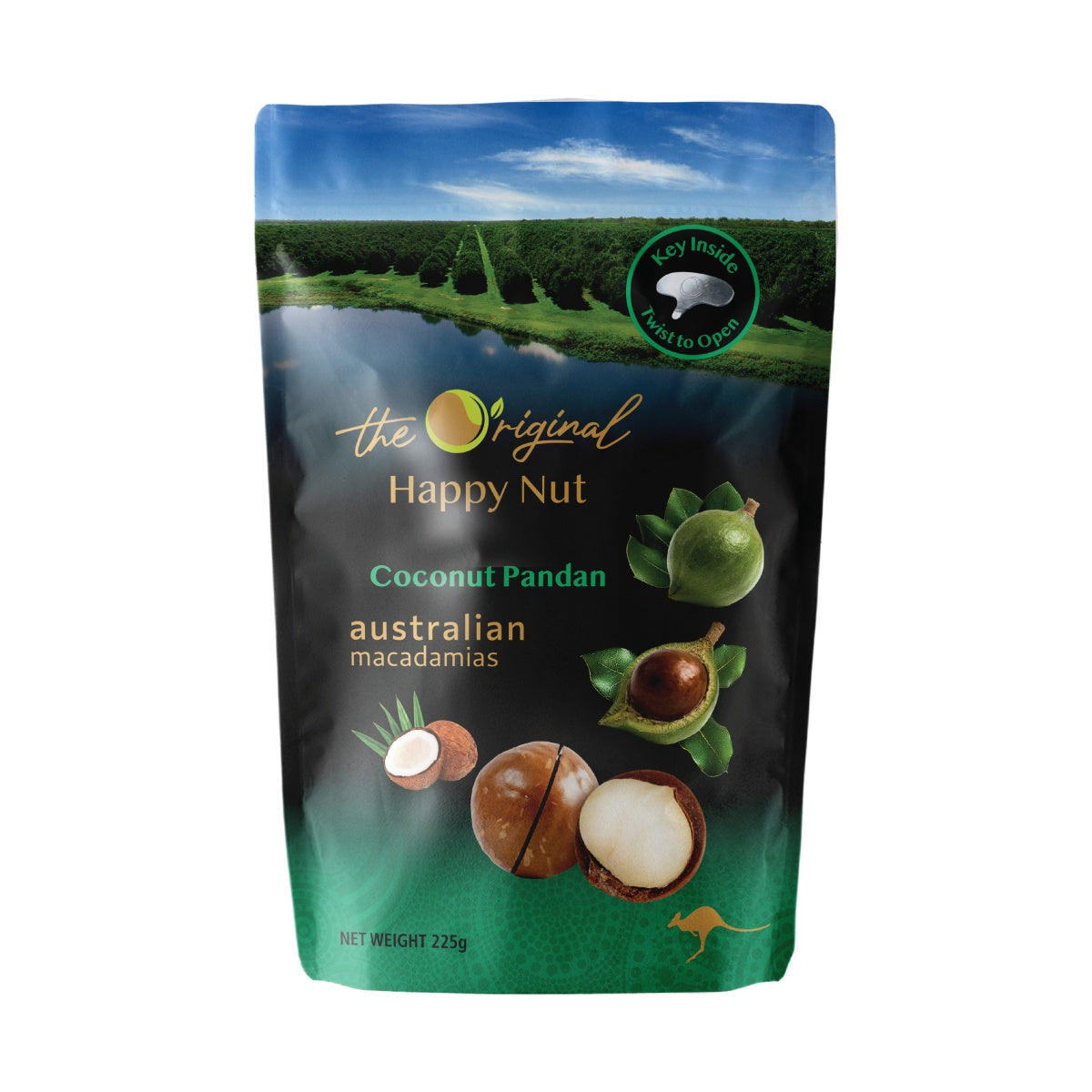 Happy Nut coconut pandan macadamias, 225g pouch, front label with macadamia nuts