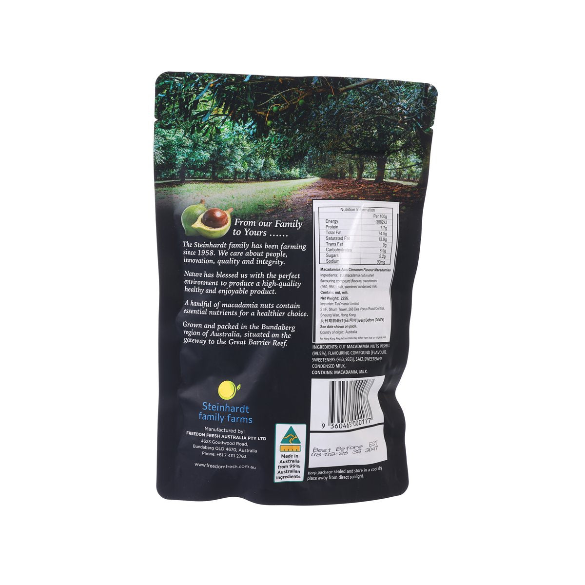 Cinnamon macadamia nuts bag with nutrition and ingredients panel, 225 g