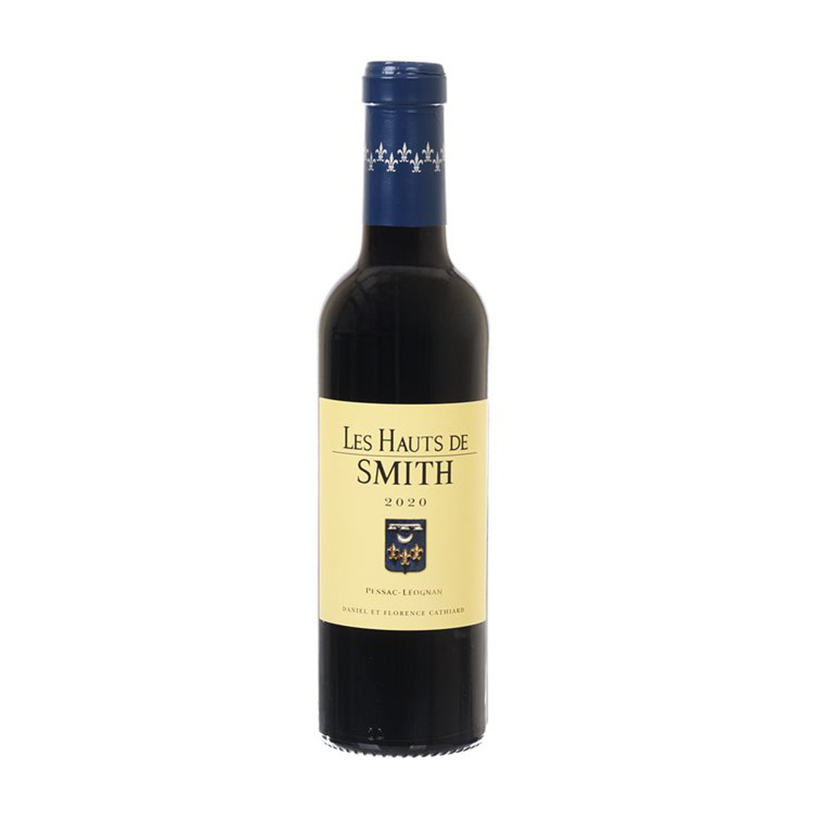 Les Hauts de Smith 2020 red wine bottle, blue cap, front label on dark glass