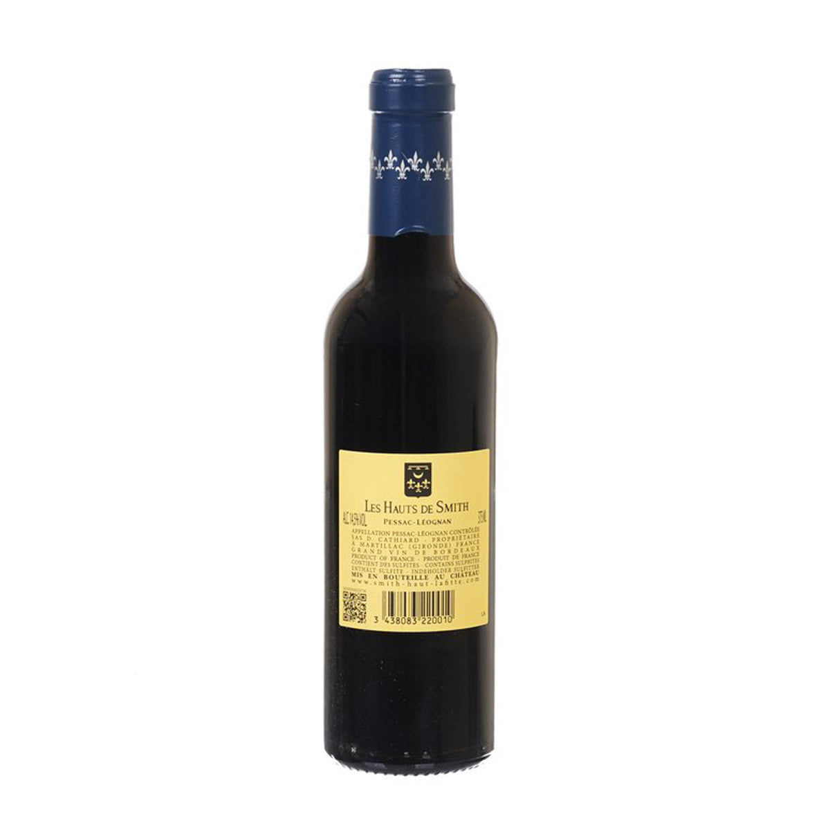 Les Hauts de Smith red wine bottle, blue cap, back label on dark glass