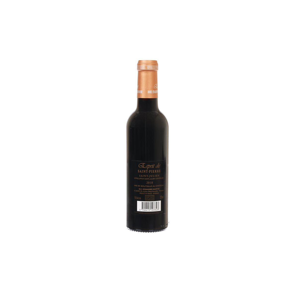Esprit de Saint-Pierre Saint-Julien 375 mL wine bottle, back label with barcode