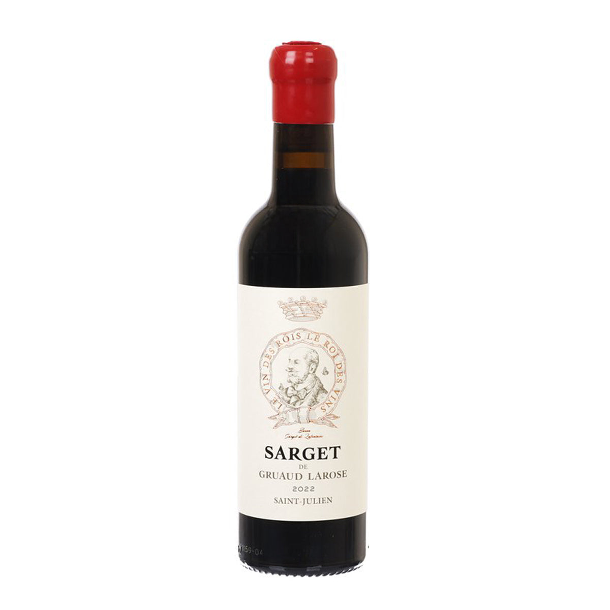 Wine bottle with red cap and dark glass, white label reading Sarget and Gruaud Larose