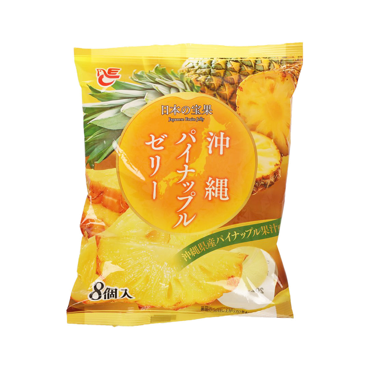 Okinawa pineapple jelly pouch, yellow snack bag with pineapple fruit graphic