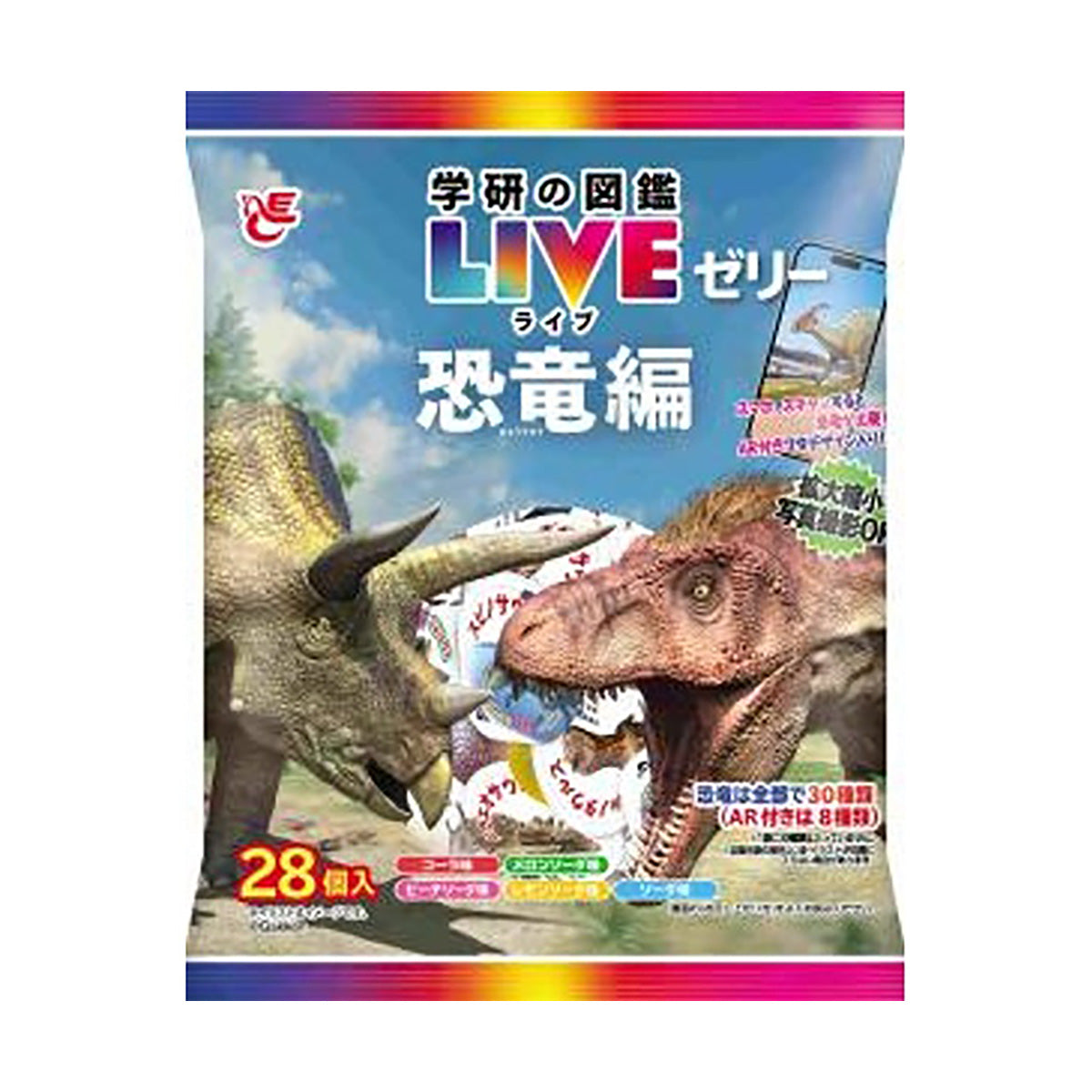 Dinosaur-themed education jelly snack bag, 28-pack count shown on front