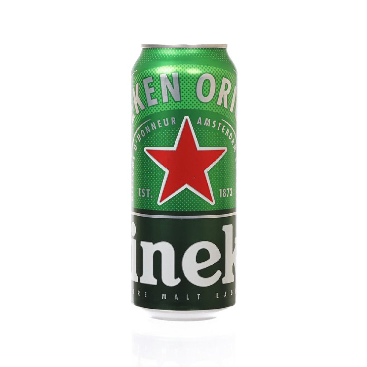Heineken lager beer can, green label with red star and white "Heineken" text
