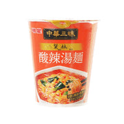 MYOJO cup noodle in red with spicy sour soup flavor front label and open tab