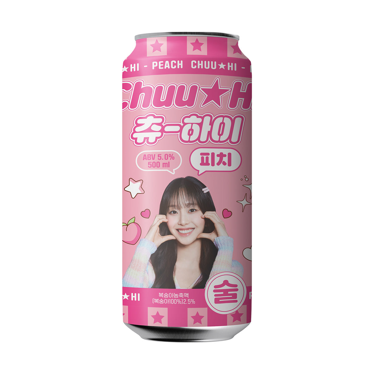 Peach chuu Hi drink can (500 mL), pink label with woman waving