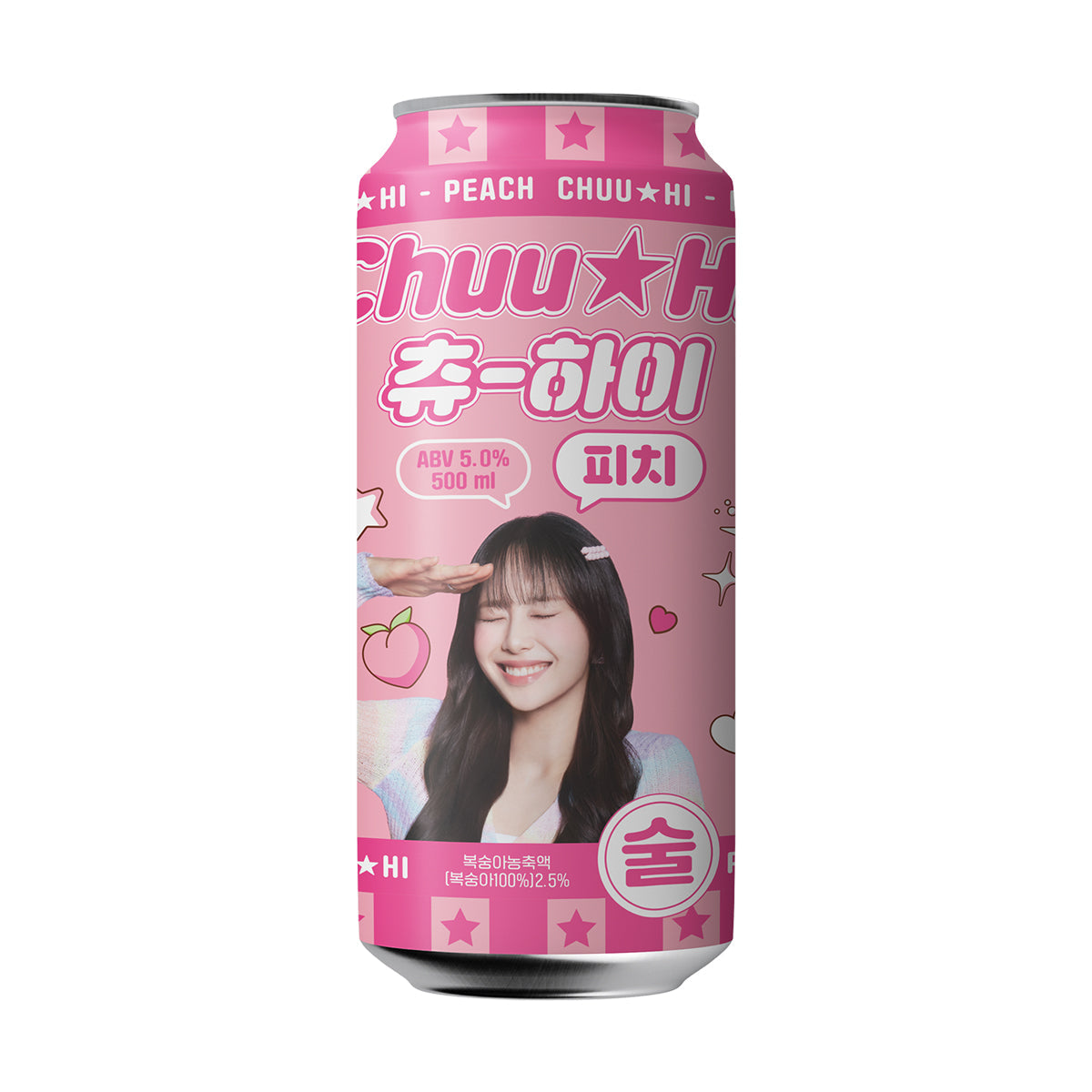 Peach chuu Hi drink can (500 mL), pink label with smiling woman artwork