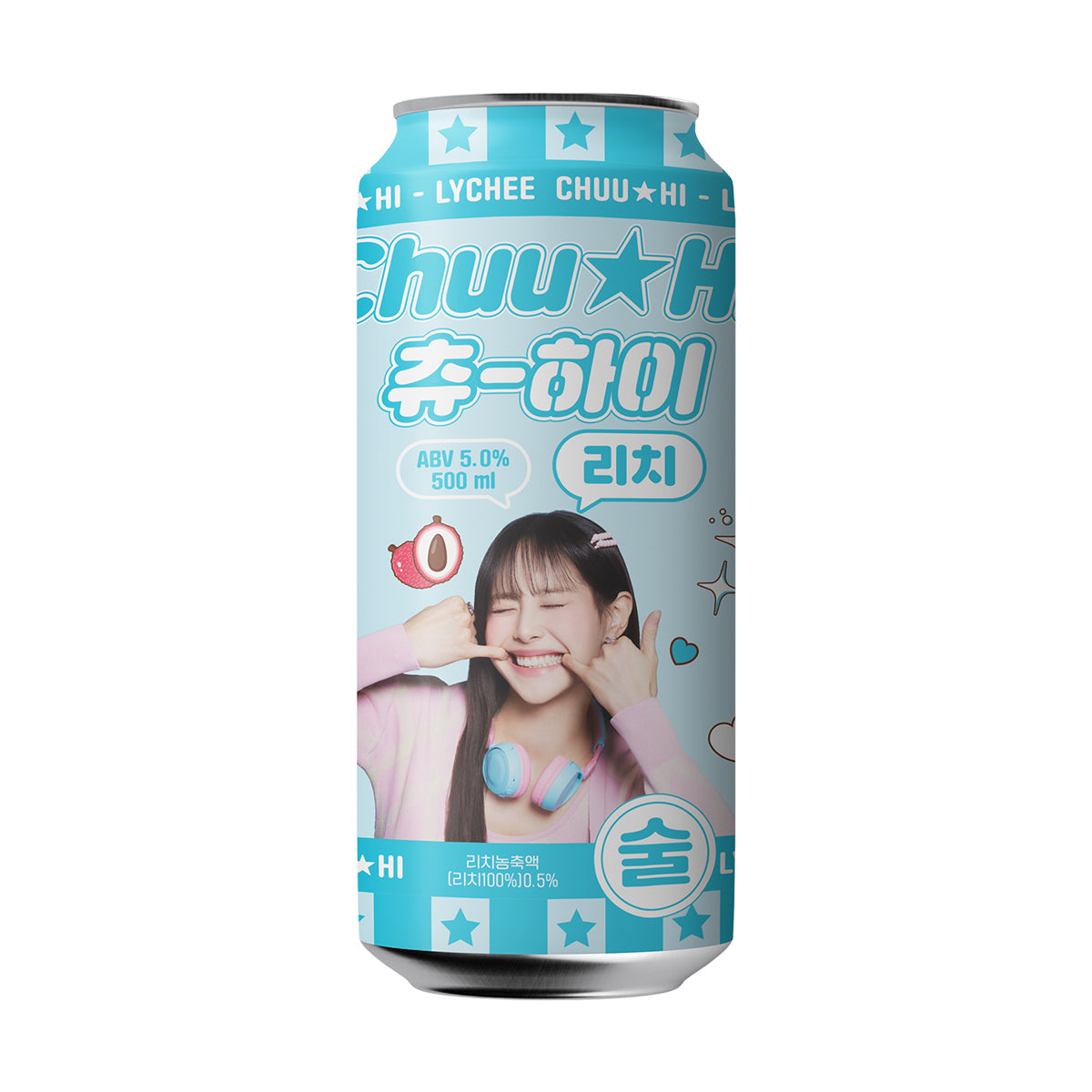 Lychee beer can with teal front label and model leaning forward, blue headphones visible