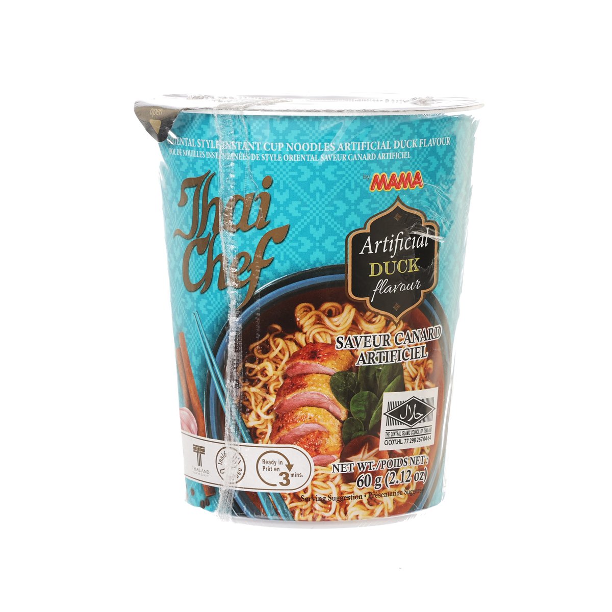 Duck flavor cup noodles in blue Thai Chef Mama 60g instant noodle cup
