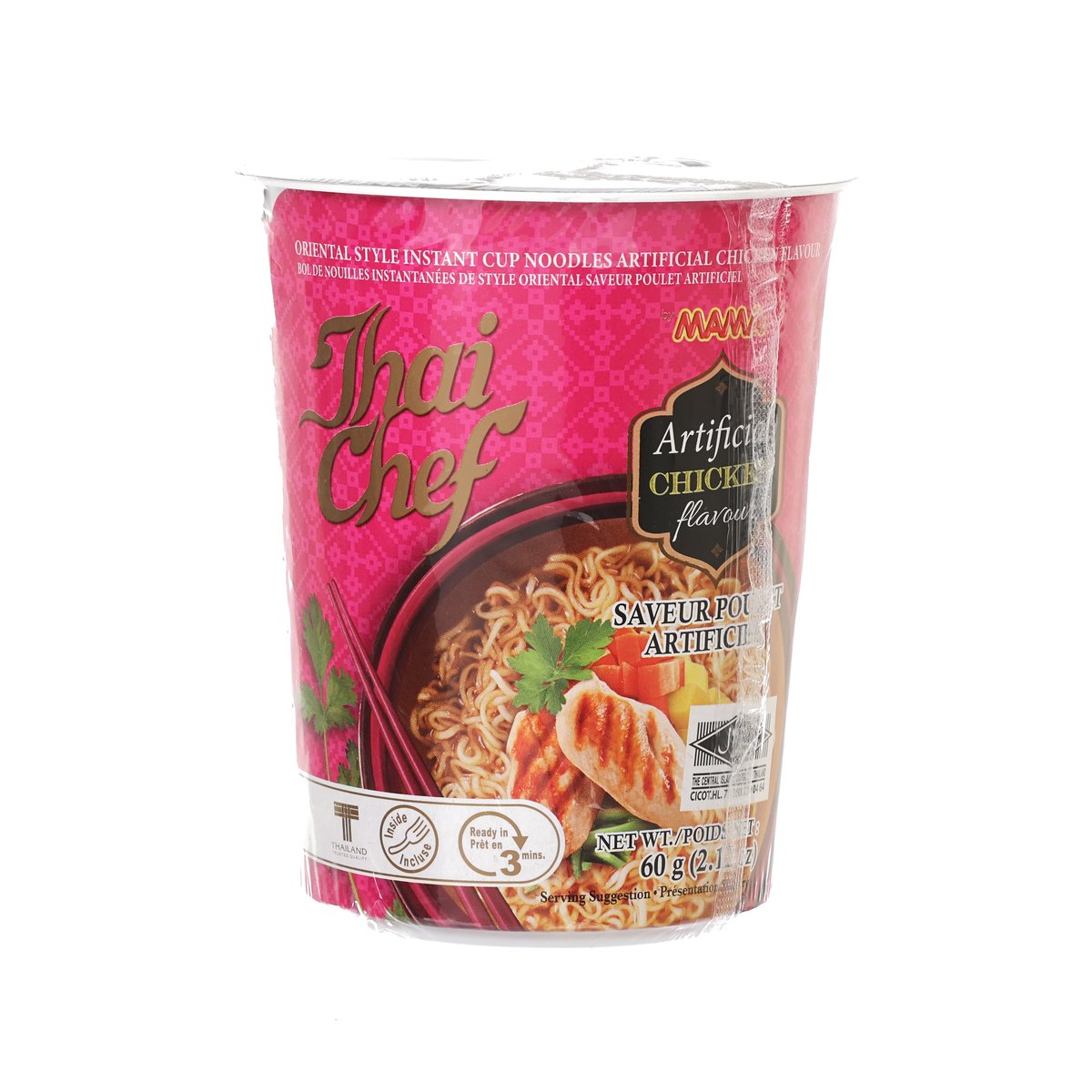 Pink instant chicken-flavor cup noodles, Thai Chef MAMA, 60g, front label