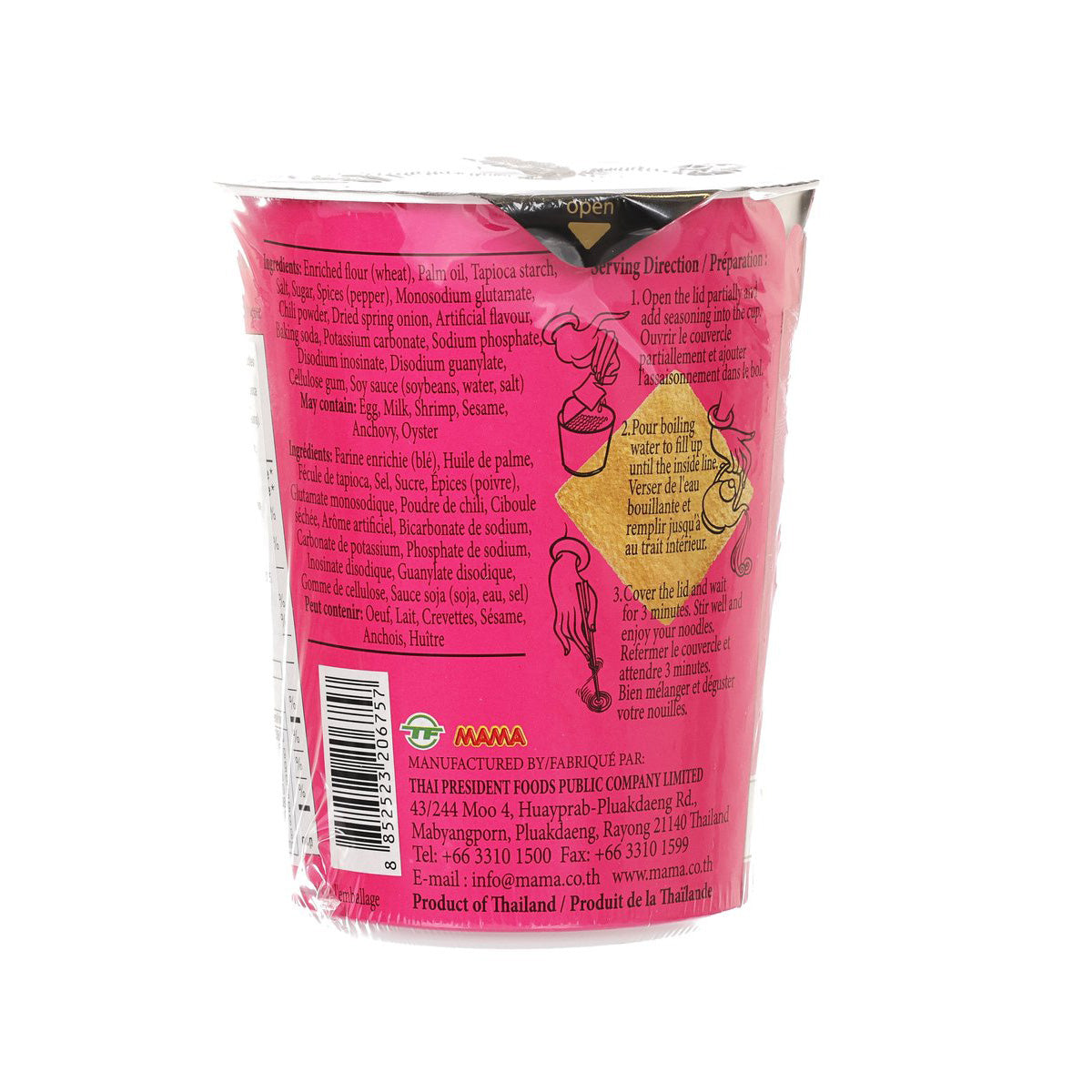 Pink instant cup noodles, back label with Thai Chef MAMA branding and directions