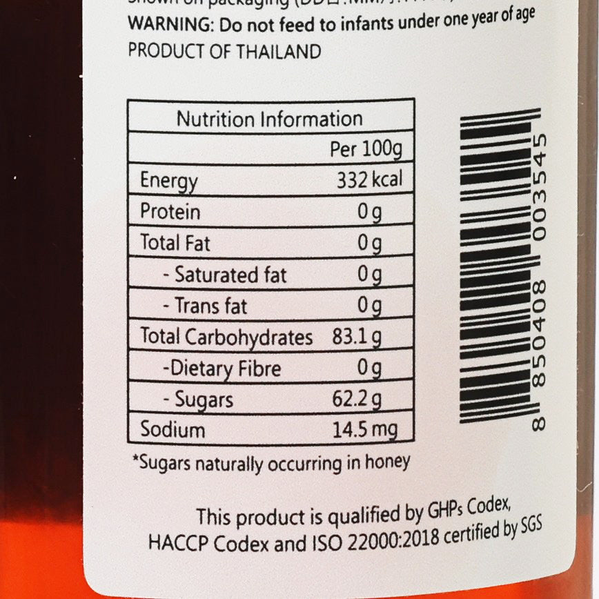 Nutrition information panel for honey plus passionfruit, per 100g table and barcode