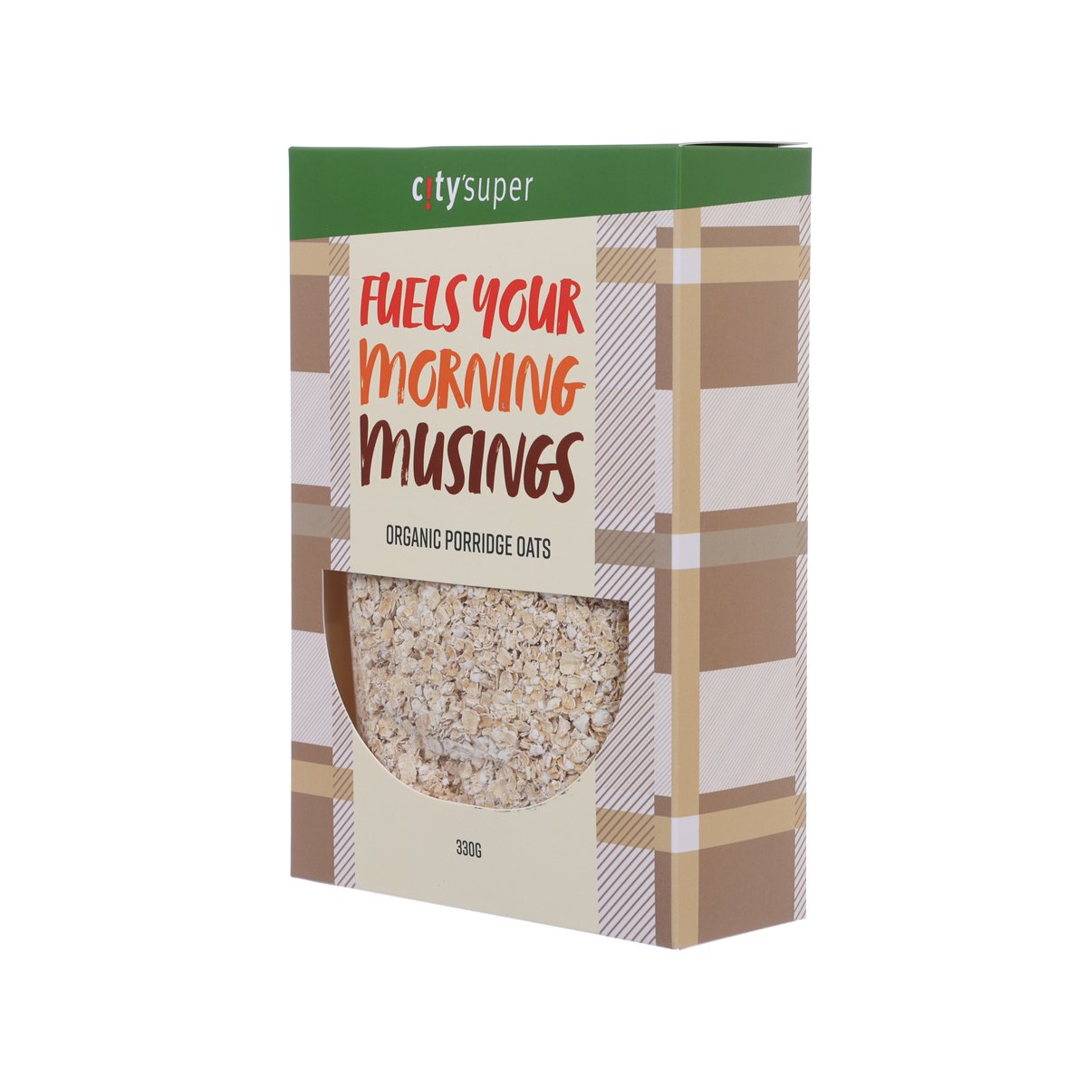 Organic porridge oats carton, 330 g, front panel and logo branding