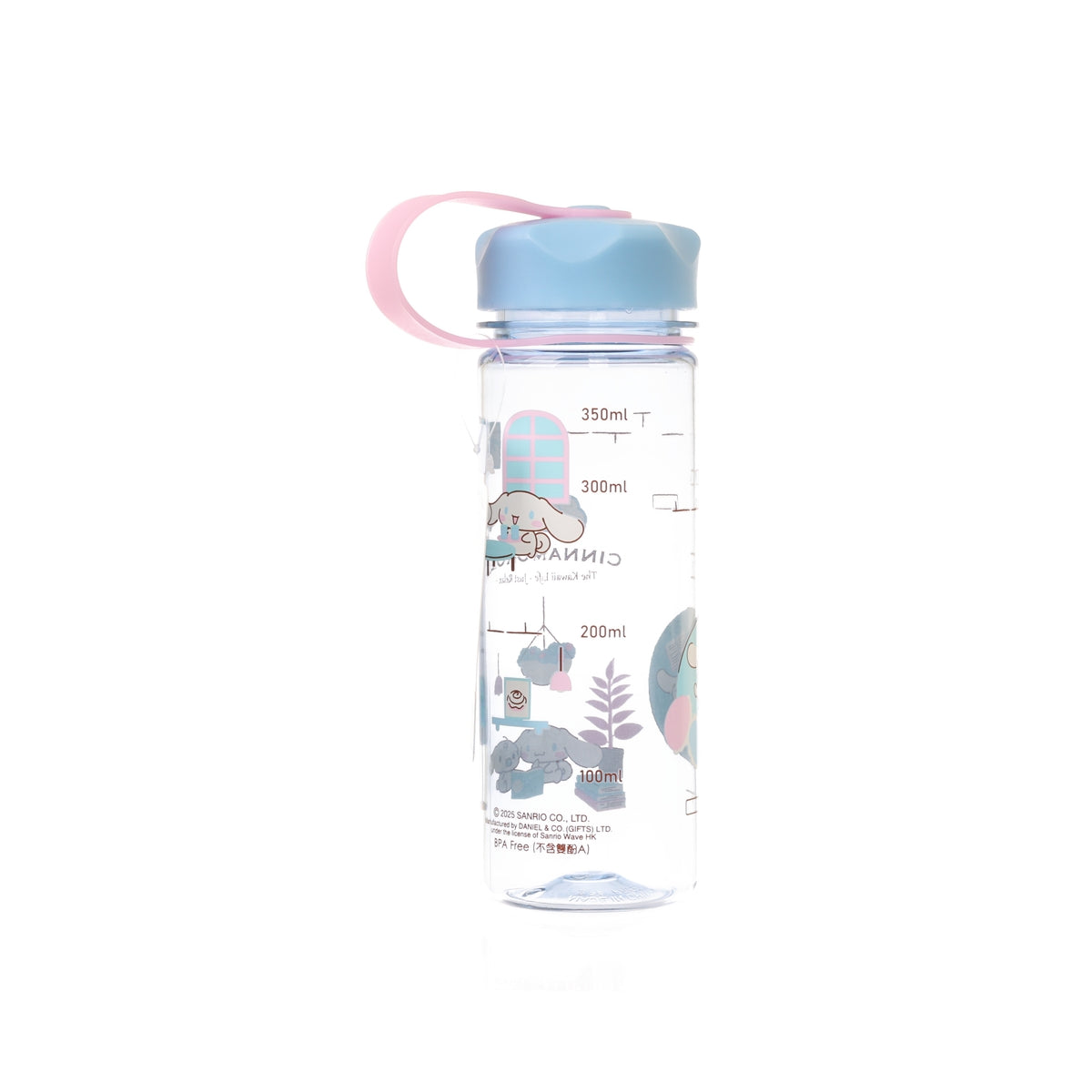 SANRIO 25 water bottle, 350ml clear plastic with blue cap and pink carry loop