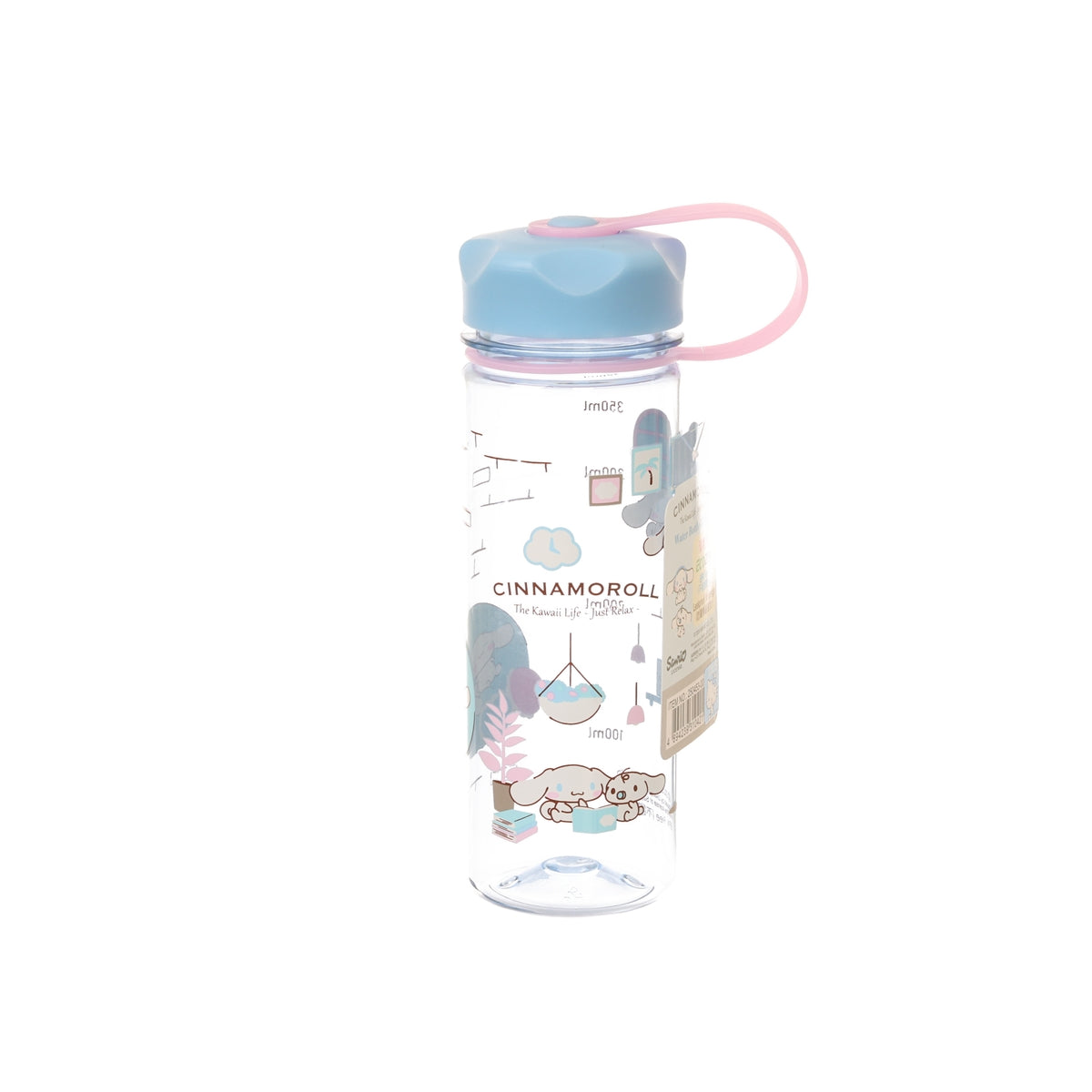 SANRIO 25 water bottle, 350ml clear plastic with blue cap and Cinnamoroll print