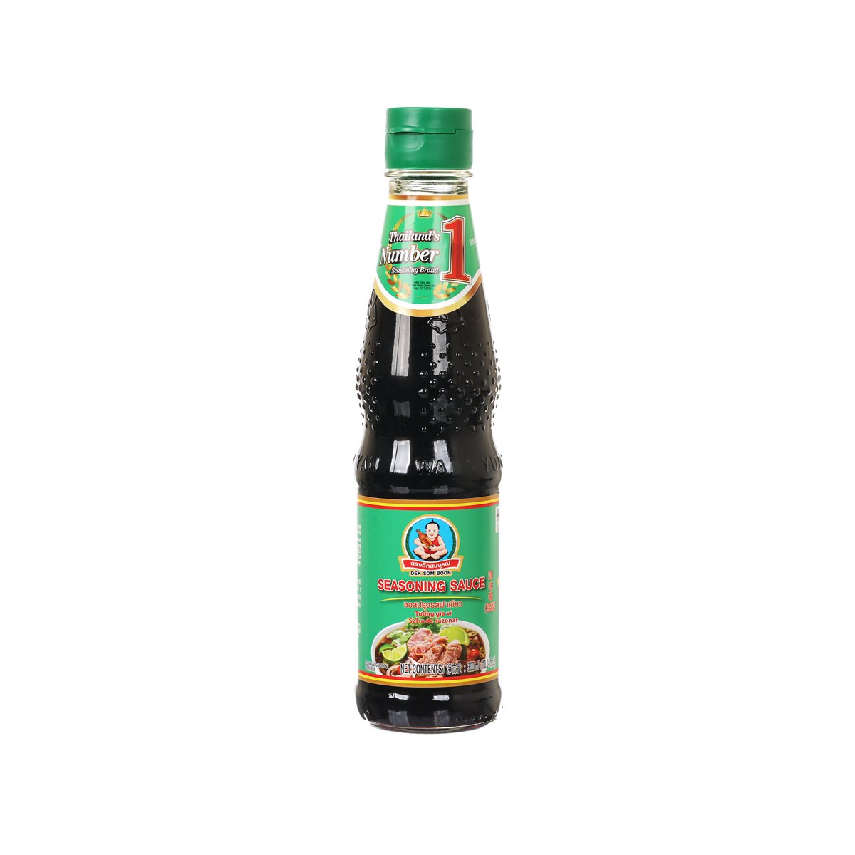 Seasoning sauce bottle with green cap, dark soy-like liquid