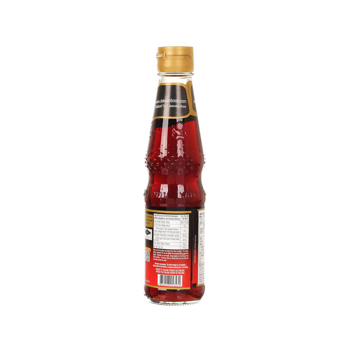 Seasoning fish sauce bottle, gold cap, red-brown glass, side nutrition label