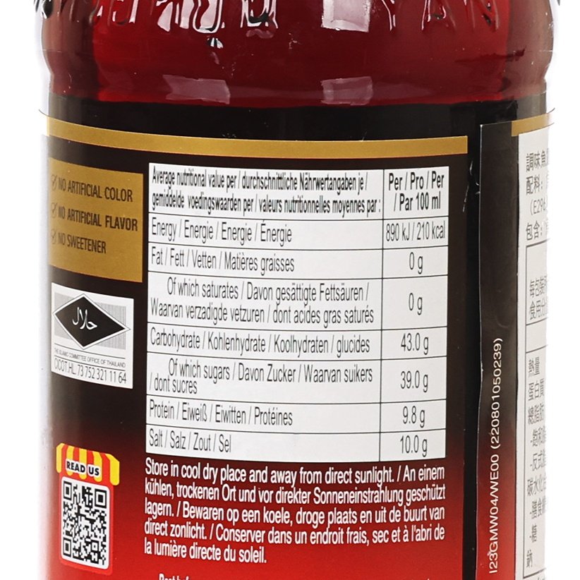 Nutrition label close-up on seasoning fish sauce bottle, ingredient and energy table