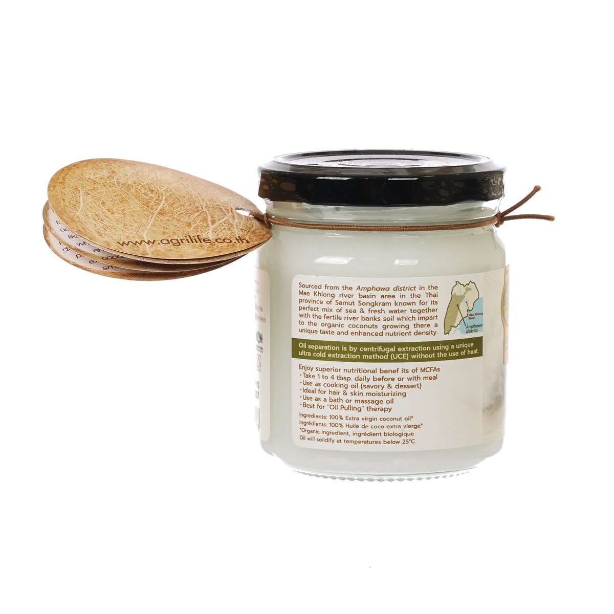 Organic extra virgin coconut oil jar with wooden spoon and ingredient text, 207 mL