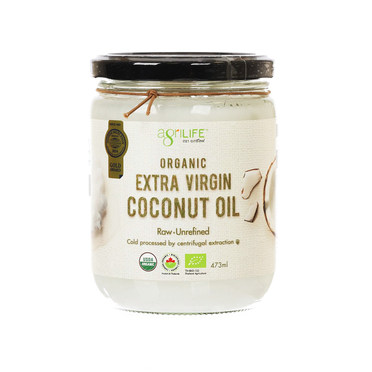 Organic extra virgin coconut oil jar, 473 mL, amber lid and twine seal.