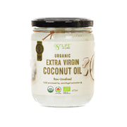 Organic extra virgin coconut oil jar, 473 mL, amber lid and twine seal.