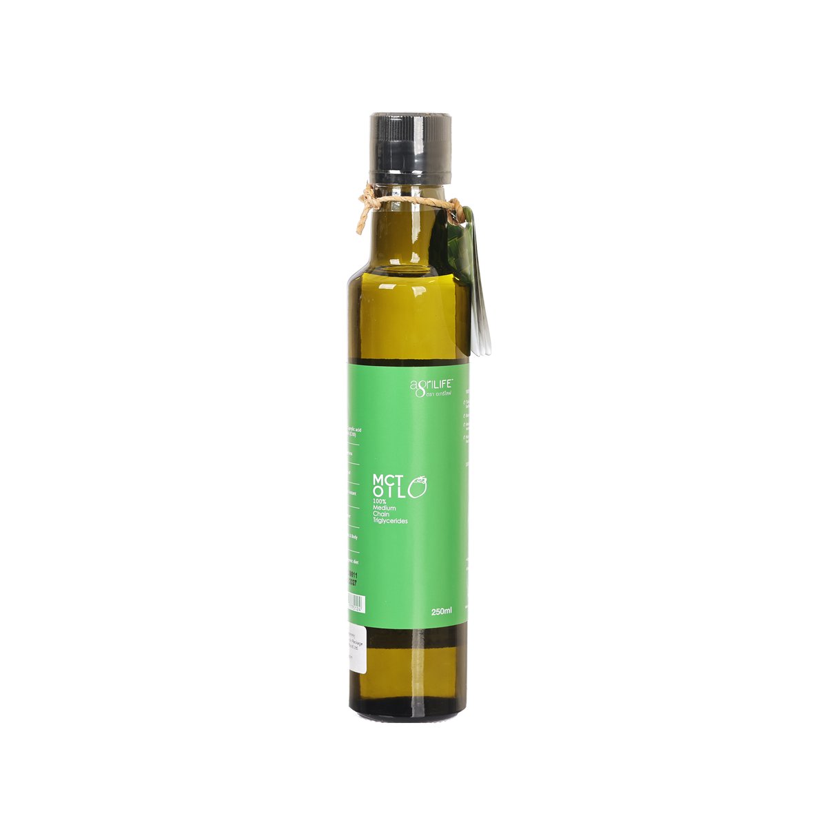 MCT oil bottle with green label, amber body, and black cap, 250 mL