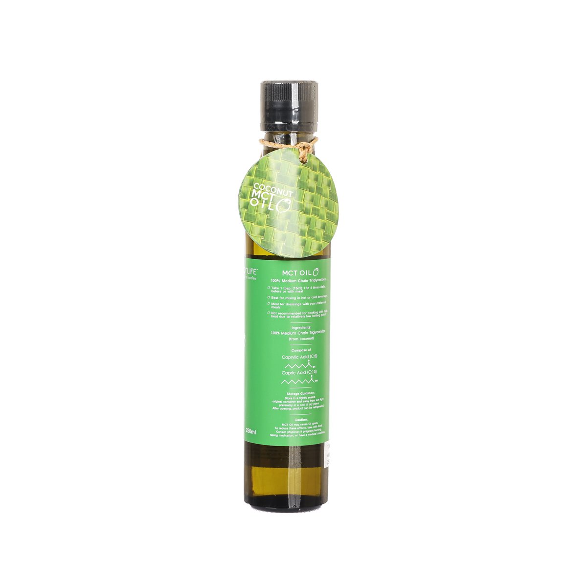 MCT oil bottle back label with green-toned design and black cap, 250 mL