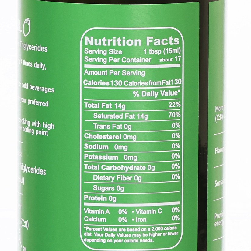 Nutrition Facts label on green bottle, serving size 1 tbsp (15 ml)