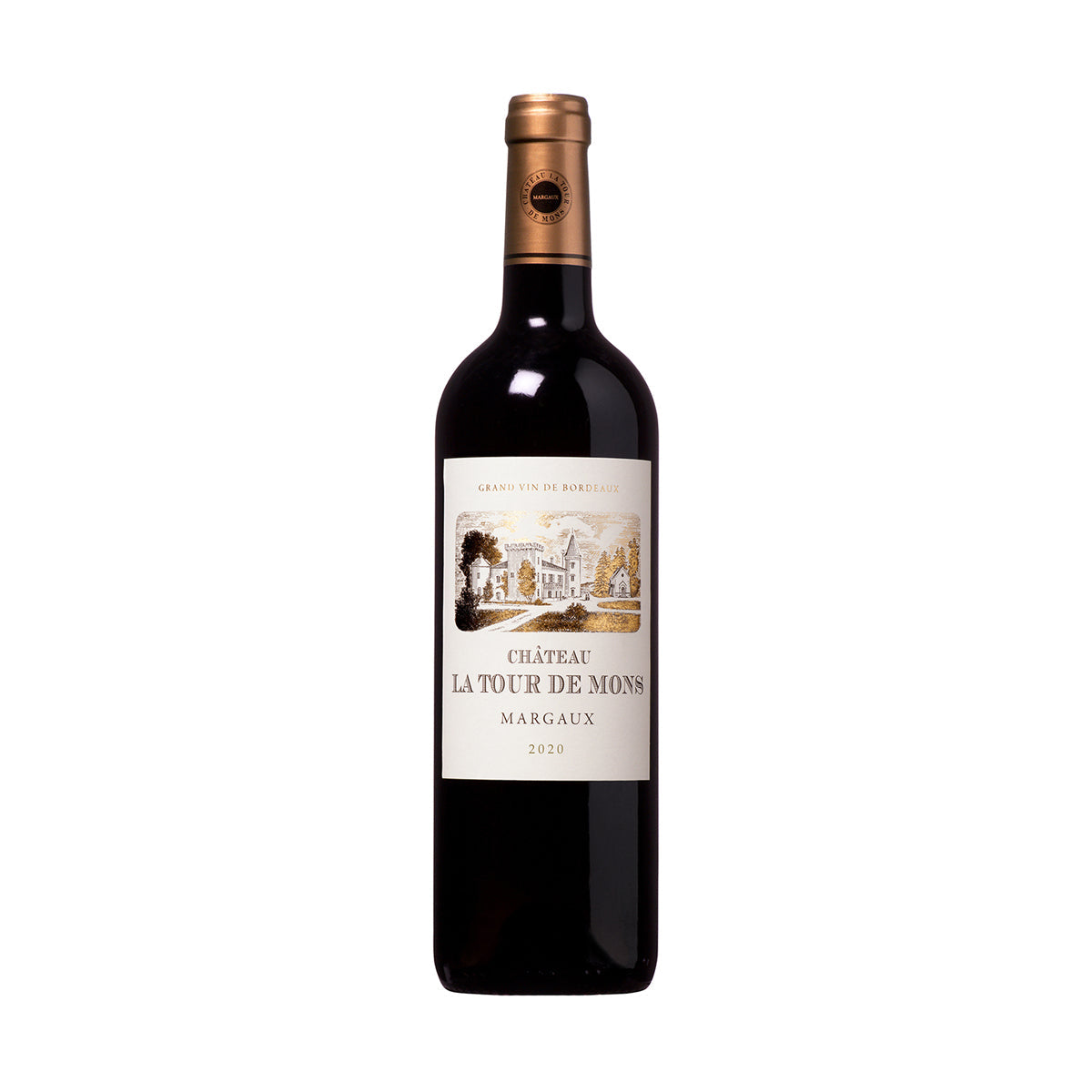Burgundy wine bottle with CHATEAU LA TOUR DE MONS label, cork top