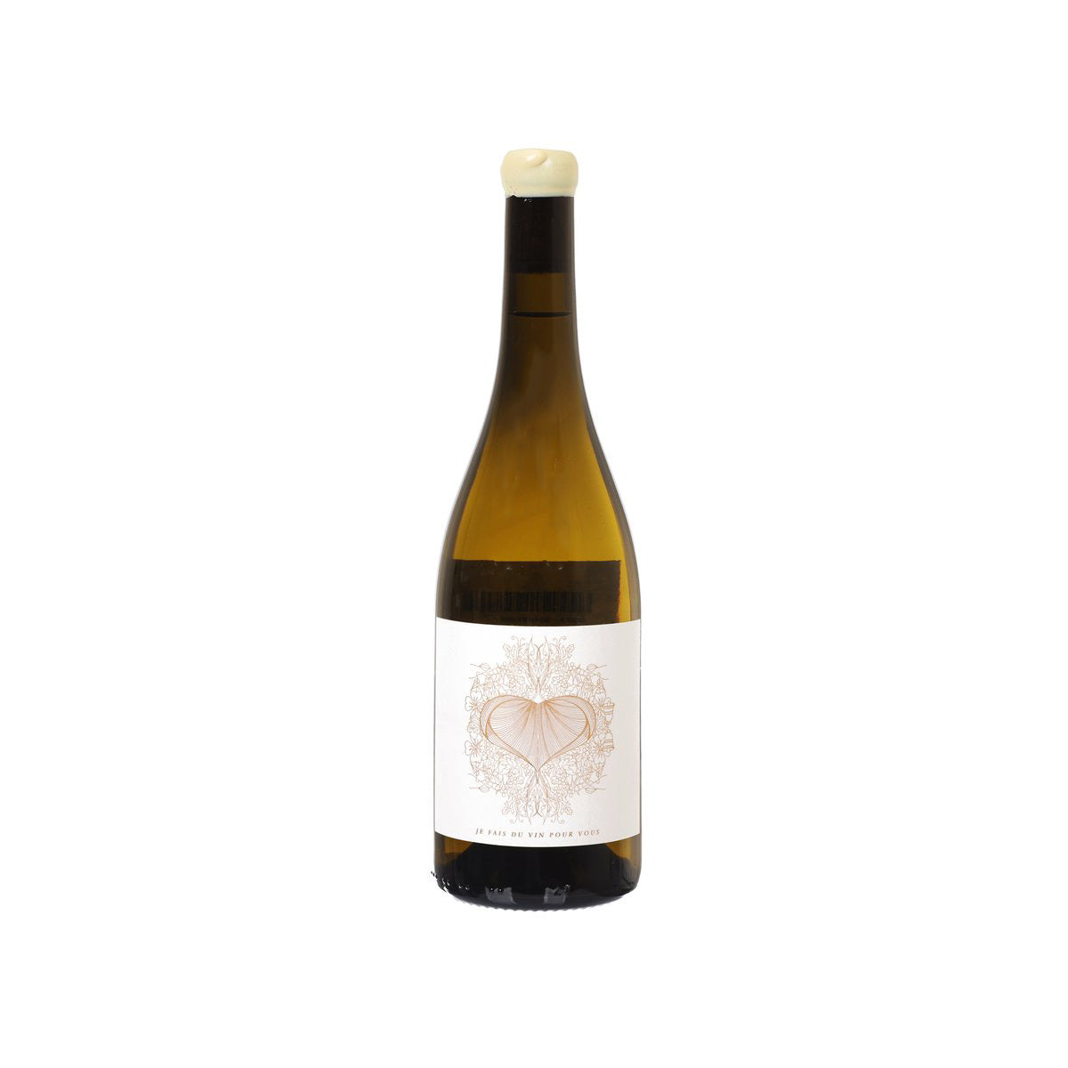 White wine bottle with front label, dark glass and cream cork