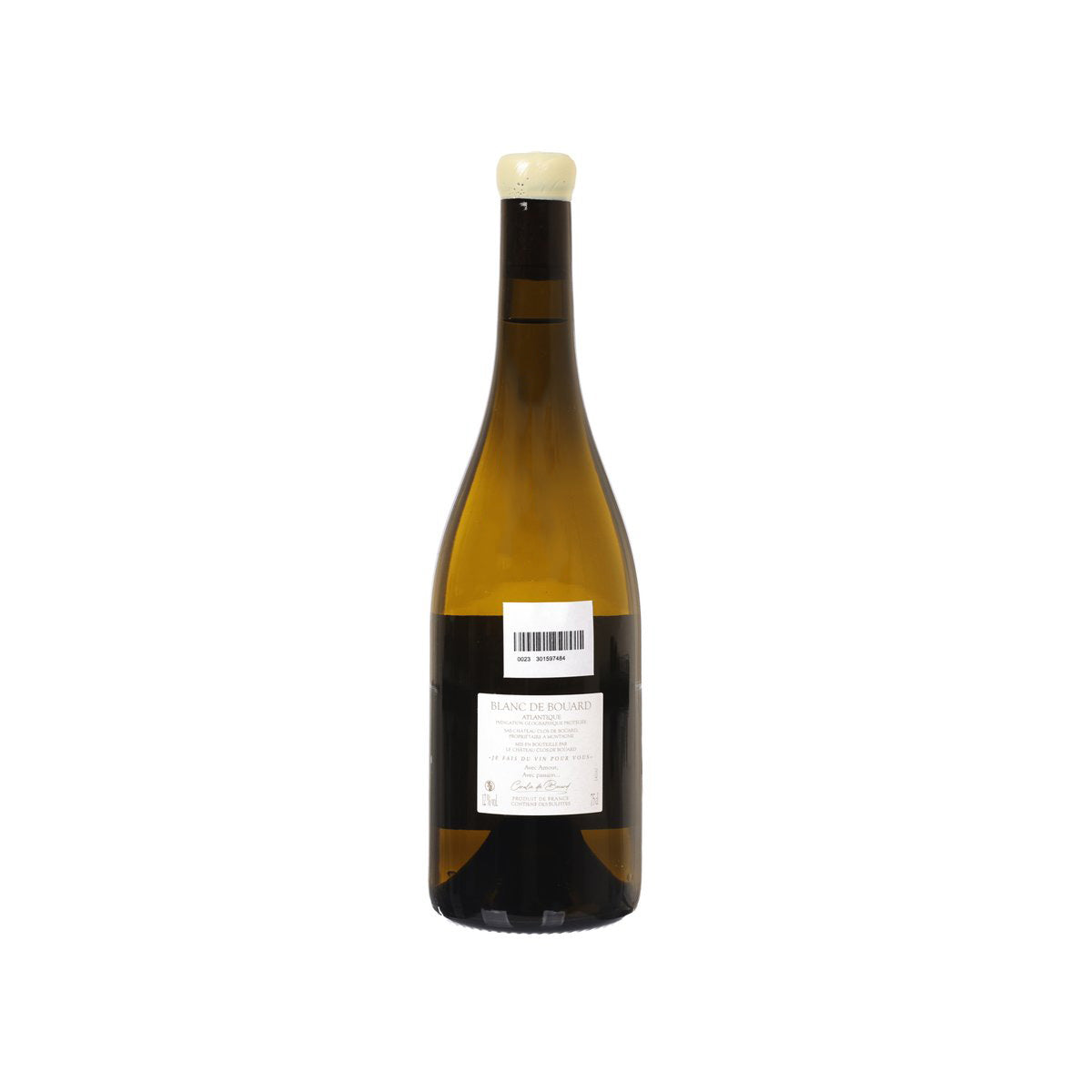 White wine bottle with back label, dark glass and cream cork