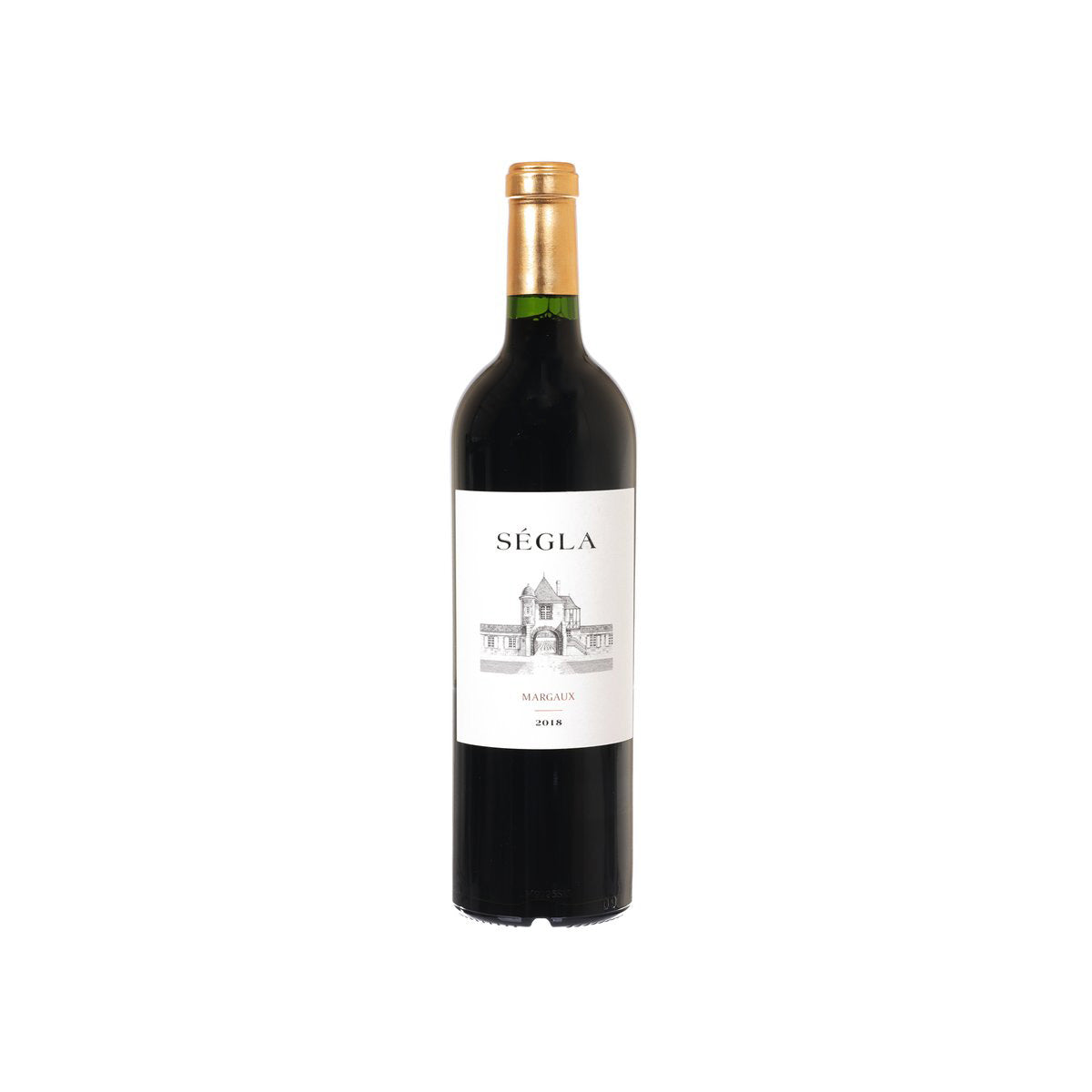 Red wine bottle with white front label and green foil neck
