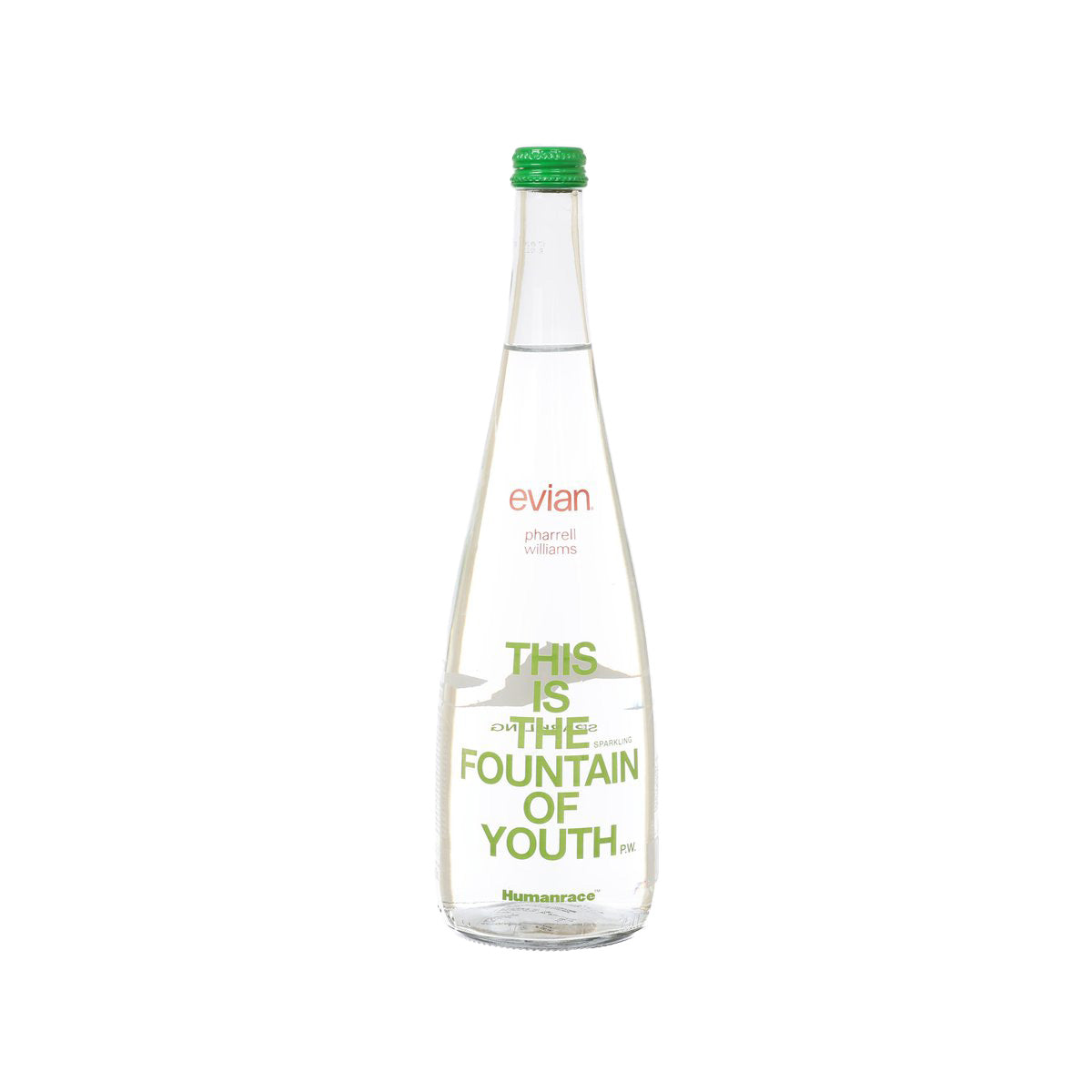 Clear carbonated water bottle with green cap, Evian Pharrell Humanrace front label